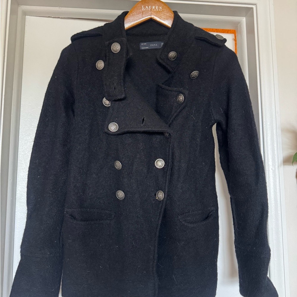Zara Black Double-Breasted Pea Coat with Metal Buttons